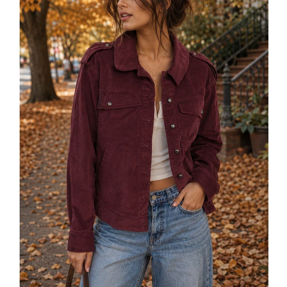 Free People We The Free Officer Velvet Jacket Burgundy Maroon Button Military